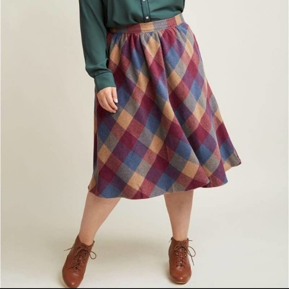 Modcloth Plaid A-Line Skirt in Burgundy, Blue, and Tan